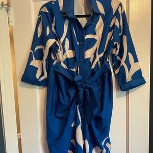 Blue Printed Satin 3/4 Length Dress